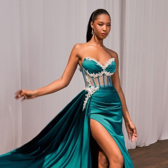 NEW LONG FORMAL STRAPLESS SHEATH SATIN DRESS EMBROIDERED WITH RHINESTONES CD343